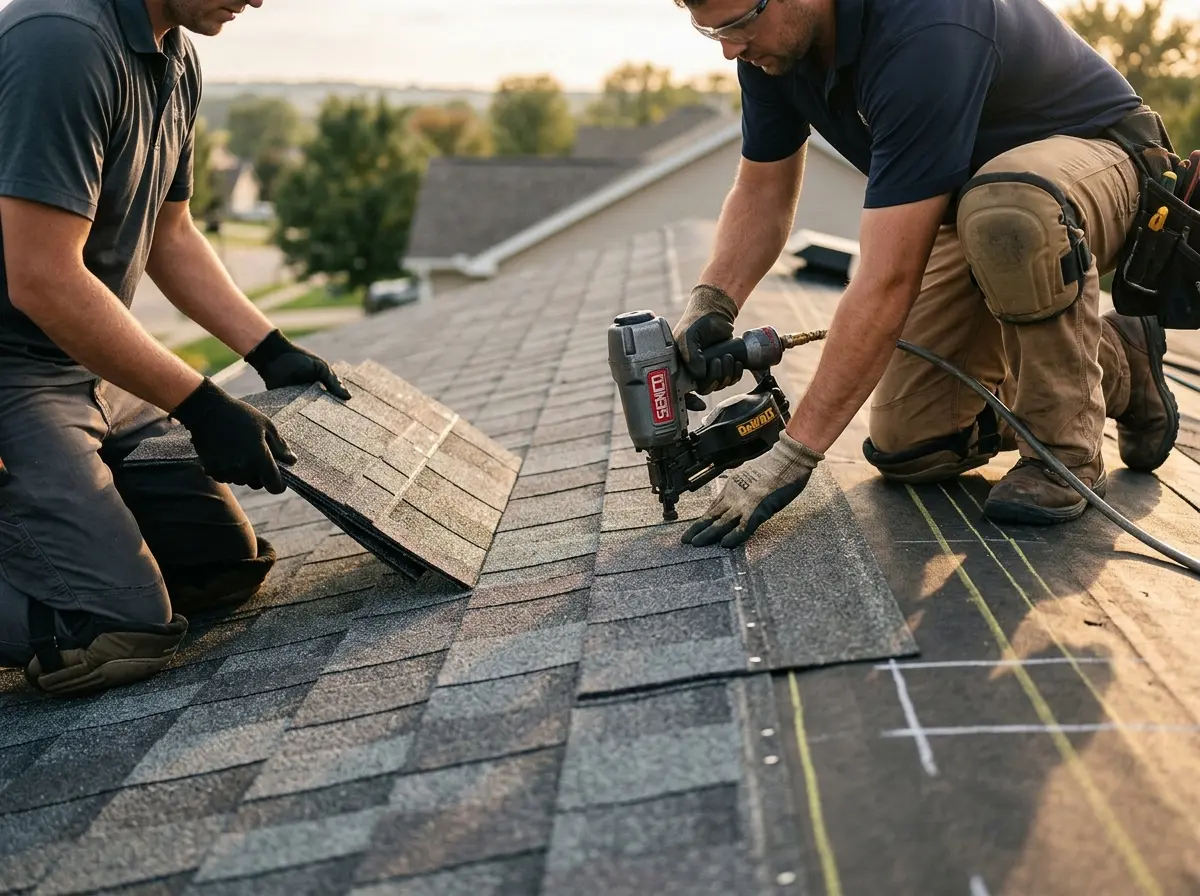 Professional roofer working on a residential roof in Menomonie